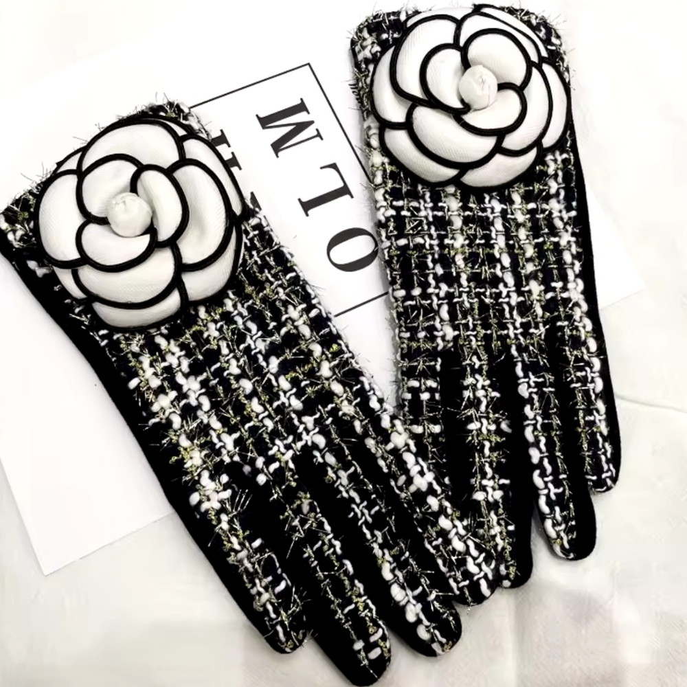 Women's Winter Wool Gloves Warm Plus Velvet Thickened Touch Screen Flower - Picture 2 of 7
